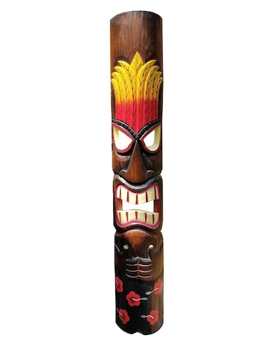 JSDINCN All Seas Imports 395 Vibrant Handcarved  Painted Wood Black Shorts with Red Flowers Tiki Mask