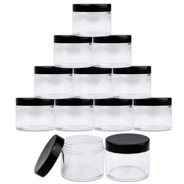 Beauticom 12 PIECES 60 Grams60 ML 2 Oz Leak Proof Round Acrylic Container Jars with Screw Cap Lids for Beauty Cosmetic Jewelry Charms Rhinestones Clear Base with Black Lids