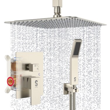 SR SUN RISE 12 Inch Ceiling Mount Brushed Nickel Shower System Bathroom Luxury Rain Mixer Shower Combo Set Ceiling Rainfall Shower Head System Faucet Trim Repair Kits with Roughin Valve and Trim