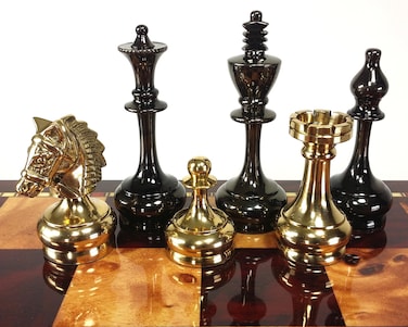 Real Brass Metal Staunton Bridled Knight Chess Men Set Gold and Black Chrome  NO Board