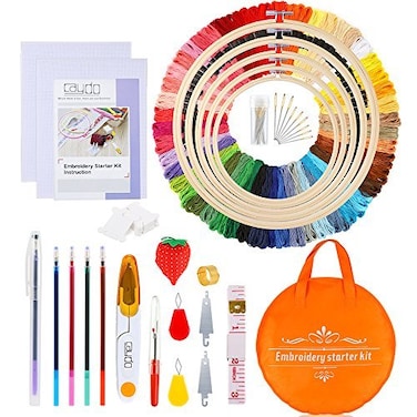 Caydo Embroidery Starter Kit Including 100 Skeins 50 Color Threads 5 Pieces Bamboo Embroidery Hoops 2 Pieces Aida Cloth A Circular Packing Bag and Cross Stitch Tool Kit