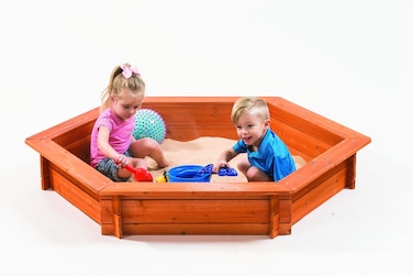 Hexagon Wooden Sandbox w Seat Boards  EcoFriendly Cover  Ground Liner  59 x 51 x 9  34 Cedar Boards  Easy DIY Assembly  Holds 300 lbs of Sand  Natural Cedar Beauty Built To Last