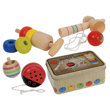 Loftus SW0249 4 Pc Classic Wooden Games in A Tin Set 6 inches Long Brown