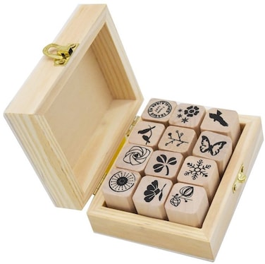 Youkwer 12 Pcs Mini Cute Wooden Rubber Stamps DIY Diary Stamps Set with Wooden Box