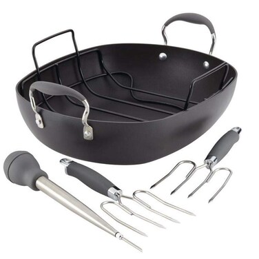 Anolon Advanced Hard Anodized Nonstick Roaster  Roasting Pan Set with Utensils  16 Inch x 13 Inch Gray