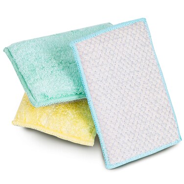 Smart Design Heavy Duty Scrub Sponge with Bamboo Odorless Rayon Fiber  Set of 3  Ultra Absorbent  Soft  Metallic Scrub  Cleaning Dishes  Hard Stains  Spring  Yellow Mint Blue