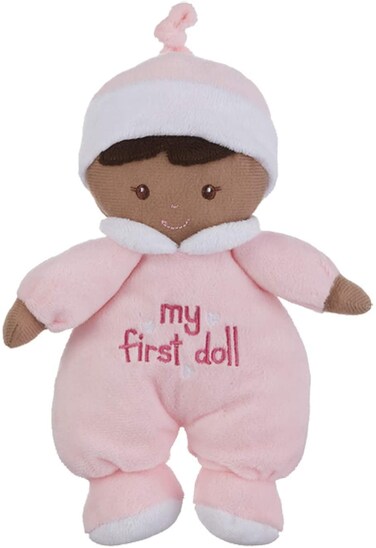 Ganz My First Doll Dollies Soft Plush Girl with Dark Complexion and Black Hair Pink Outfit Hat She Rattles