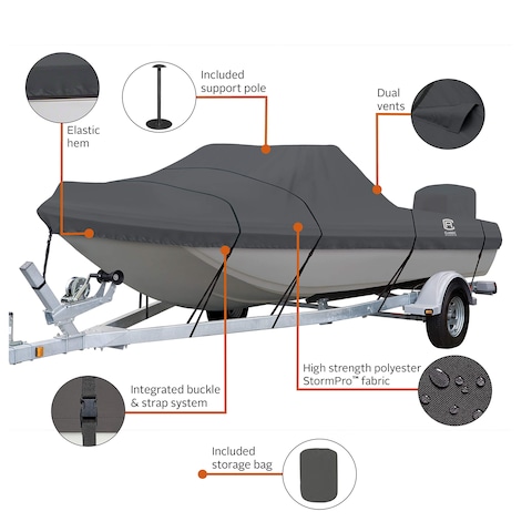 Classic Accessories StormPro HeavyDuty TriHull Outboard Boat Cover Fits boats 17 ft 6 in  18 ft 6 in long x 92 in wide