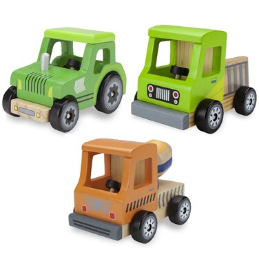 Wooden Wheels Tough Jobs Pack Natural Beech Wood Tractor Pickup Truck and Cement Mixer