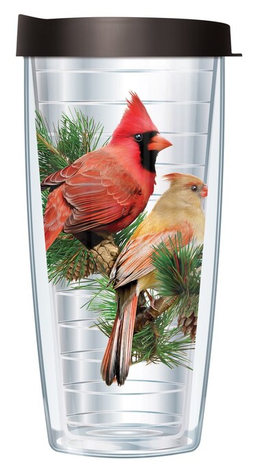 Signature Tumblers Cardinal Birds on Pine Bough Wrap on Clear 16 Ounce DoubleWalled Travel Tumbler Mug with Black Easy Sip Lid