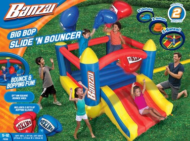 Banzai Colorful Large Outdoor Kids Big Bop Inflatable Boxing Ring Bounce House Castle Jumper w Slide Mesh Door Walls and 2 Pairs of Blow Up Gloves