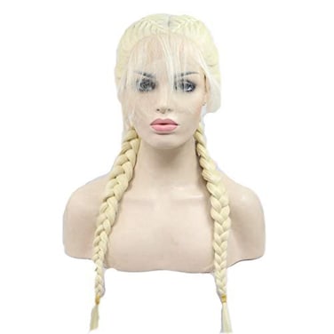 Sylvia Long Blonde Double Braids Synthetic Lace Front Wig with Baby Hair 613 Blonde 2 Braids Long Natural Braided Synthetic Wig Heat Resistant Fiber Hair for Woman