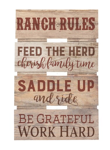 P Graham Dunn Ranch Rules Saddle Up Work Hard Natural 10 x 155 Wood Skid Pallet Wall Plaque Sign