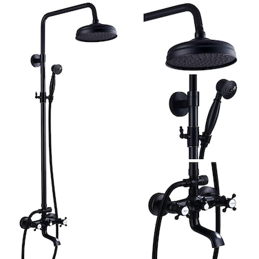 gotonovo Bathroom Shower Faucet Rain Mixer 8 Inch Round Shower Head Double Cross Handle with Tub Spout Wall Mount Bathroom Shower Fixtures 3 Function Metal Handheld Sprayer Oil Rubbed Bronze