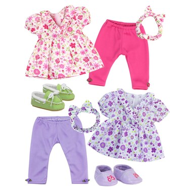 Sophias 8 Piece Set Floral Pink and Purple Tops Pink and Purple Leggings Matching Headbands and Lime and Purple Shoes Set for Two 15 Dolls