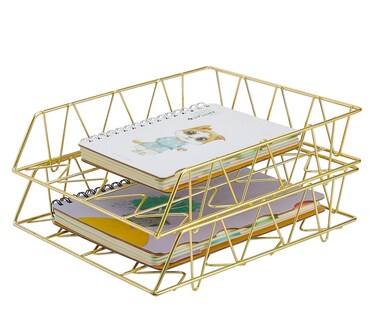 PAG Desktop File Organizer Metal Stackable Letter Tray Paper Holder Rack 2 Pack Gold