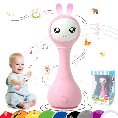 alilohuohuotu Smarty Bunny Shake  Tell Newborn Musical Toy Rattle Teether with Color LearningMusicSongBedtime Story ChewSafe Luminous Ears BPA Free for Kids and Baby Pink