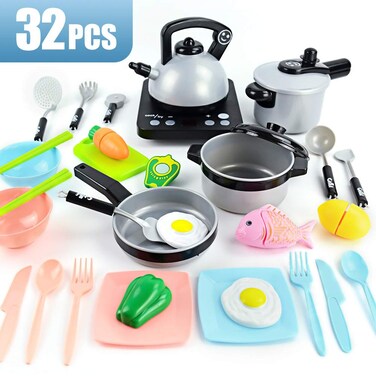 JoyGrow 32PCS Pretend Kitchen Cooking Toys Set Simulated Induction CookerPotsPansUtensilsCookware Playset Cutting ToysEducational Toys for Baby Toddler Girl Boys