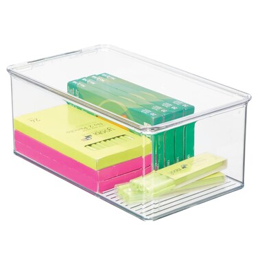 mDesign Plastic Stackable Home Office Storage Organizer Box with Hinge Lid  Holder Container Bin for Note Pads Gel Pens Staples Dry Erase Markers Tape Supplies  Lumiere Collection  Clear