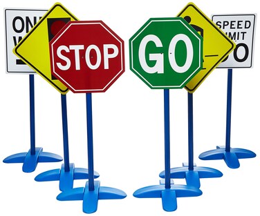edxeducation Traffic Sign Set  Set of 6  Stoplight Speed Limit Pedestrian GO One Way and Stop  Easy 3Step Assembly  Create Obstacle Courses for Bikes Toy Trucks and Scooters
