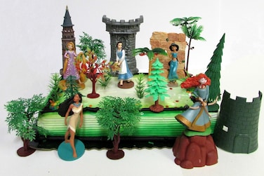 Princess Deluxe Birthday Cake Topper Set Featuring Rapunzel Belle Jasmine Merida Pocahontas and Decorative Themed Accessories