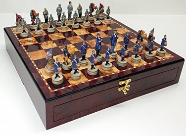 US American Civil War Generals Chess Set W 17 High Gloss Cherry  Burlwood Color Storage Board