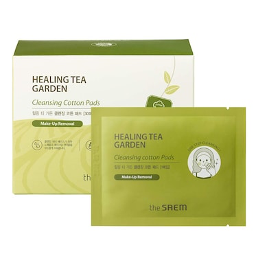the SAEM Healing Tea Garden Cleansing Cotton Pad 30 Sheets  Dual Sided 100 Pure Cotton All in One Makeup Cleansing Tissue Pads Gentle Exfoliation Face Lip Eye Makeup Remover