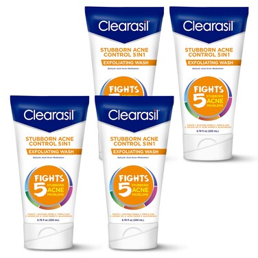 Clearasil Stubborn Acne Control 5in1 Exfoliating Wash Maximum Strength with 2 Salicylic Acid Acne Treatment Medicine Daily Acne Facial Cleanser 678 fl oz Pack of 4