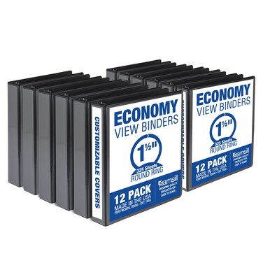 Samsill Economy 15 Inch 3 Ring Binder Made in The USA Round Ring Binder Customizable Clear View Cover Black 12 Pack MP128550