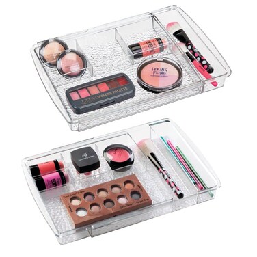 mDesign Expandable Makeup Organizer for Bathroom Drawers Vanities Countertops Organize Makeup Brushes Eyeshadow Palettes Lipstick Lip Gloss Blush Concealer  Adjustable Width 2 Pack  Clear