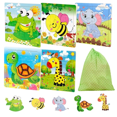 Kids Puzzles Toys for 24 Ages Wooden Animals Educational Puzzle 6 in 1 Pack for Elephant Frog Tortoise Giraffe Bee Set 16 Pieces Autism Children Puzzles Learning Toys