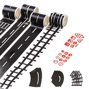 GardenHelper Set of 18 Road Tape Fun Play Tape for Car Toys for Kids Toy Cars 4 Rolls of 164ft x 189 inch Black Road 12 Pack of Tight Curves 2 Pack of Traffic Sign