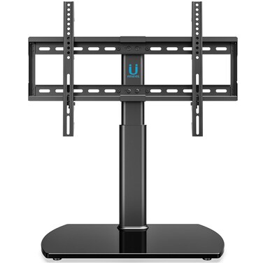 FITUEYES Universal TV StandBase Tabletop TV Stand with Wall Mount for 32 to 65 inch Flat Screen 3 Level Height Adjustable Heavy Duty Tempered Glass Base Holds up to 110lbs Screens TT107001GB