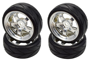 Apex RC Products 110 OnRoad 12mm Chrome 5 Spoke Wheels V Tread Rubber Tires Set of 4 5005
