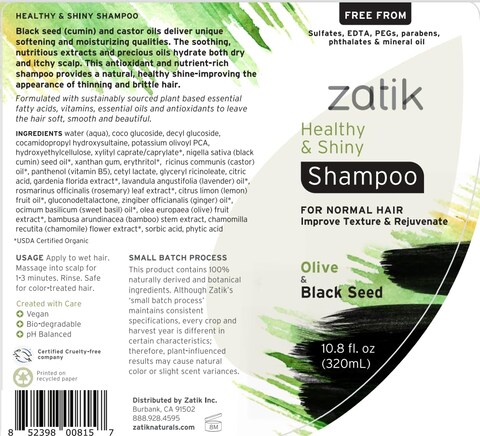 Zatik Naturals  Healthy and Shiny Shampoo with Olive and Black Seed  Vegan Toxic free Volumizing Safe for Color Treated hair 108 fl oz 320 mL