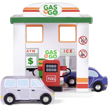Brybelly Imagination Generation Gas n Go Service Station  Wooden DriveThru Fuel Pump Childrens Toy Playset with 2 Cars