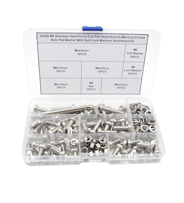 HVAZI M6 Stainless Steel PininTorx Pan Head Security Machine Screws Nuts Flat Washer with Split Lock Washers Assortment Kit