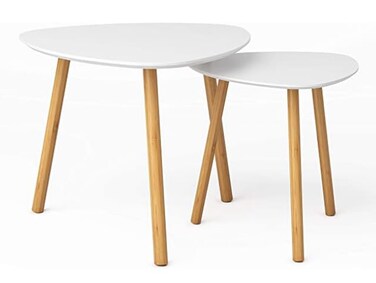 BAMEOS Bamboo Nesting Triangle End TableSet of 2 Coffee Table Modern Minimalist Side Table for Living Room Balcony in White