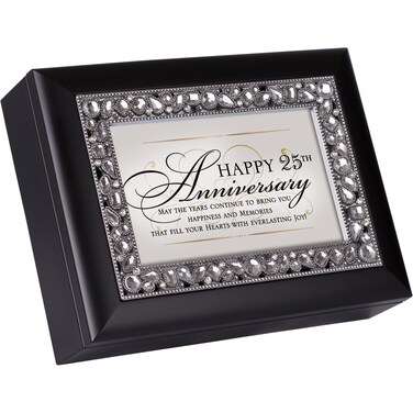 Cottage Garden Happy 25th Anniversary Matte Black Jewelry Music Box Plays Wind Beneath My Wings