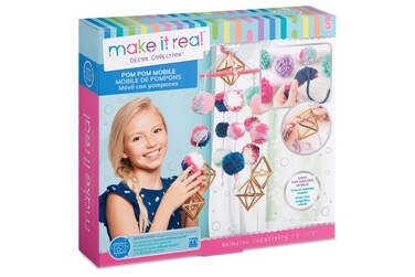 Make It Real  Pom Pom Mobile DIY Hanging Mobile Art Kit for Girls Room Decor Includes Pom Pom Maker Charms Yarn and More