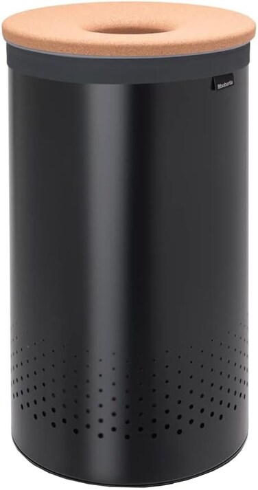 Brabantia  Laundry Hamper  with Cork Lid  Ventilation Holes  Corrosion Resistant Materials  Hygienic  Discrete  Laundry Basket  Bathroom  with Small Hole  Matt Black  16 Gal