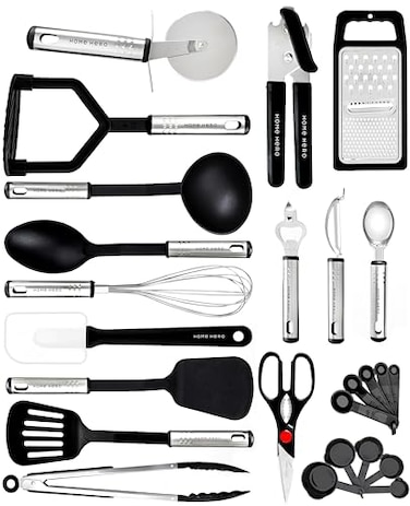 Home Hero Silicone Spatula Kitchen Utensils Set  Stainless Steel  Nylon Cooking Utensils Set  BPA Free Spatulas Silicone Heat Resistant Kitchen Gadgets Kitchen Essentials 25 Pcs  Black