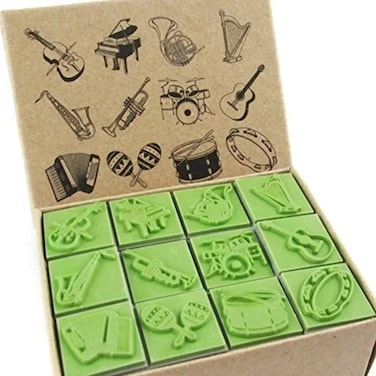 Np Crafts 12 Kids Music Instruments Rubber Stamps Set CR018 New Packaging come in Round Plastic Box