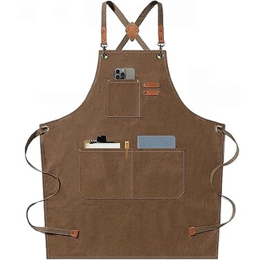 AFUN Chef Aprons for Men Women with Large Pockets Cotton Canvas Cross Back Heavy Duty Adjustable Work Apron Size M to XXL Brown