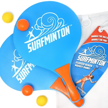 VIAHART Surfminton Classic Blue and Orange Beach Tennis Wooden Paddle Game Set 4 Balls 2 Thick Water Resistant Wooden Rackets 1 Reusable Mesh Bag