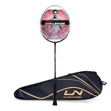 LiNing Challenger Boost Carbon Graphite Strung Badminton Racquet 84 Grams 30 Lbs String Tension and Free Full Cover BlackWhite