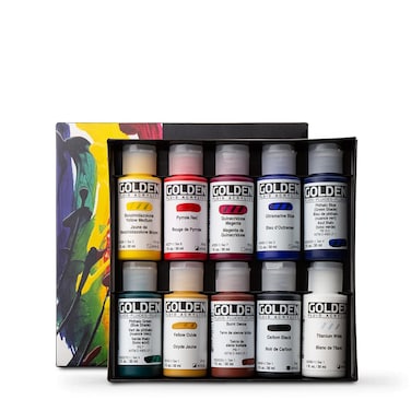 GOLDEN Fluid Acrylics Principal Professional Fluid Set Ten 1 fl oz  30 ml Bottles Professional Acrylic Paint