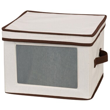 Household Essentials 536 Dinnerware Storage Box with Lid and Handles  Storage Bin for Dinner Plates  Natural Canvas with Brown Trim