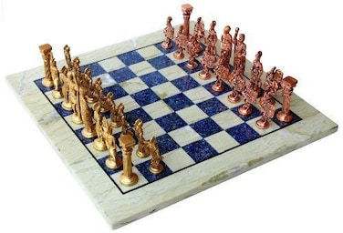 StonKraft Collectible Australian Marble and Lapis Lazuli Chess Board Set  Brass Roman Chess Pieces Pawns  Decorative Stone Chess  15 Inches