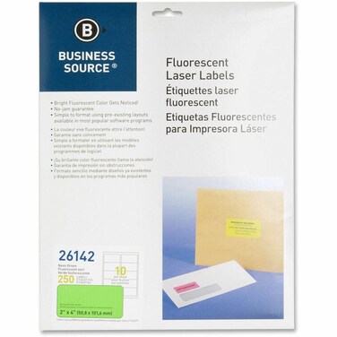 Business Source 26142 Laser Labels Fluorescent 2Inch x4Inch 250PK Neon Green